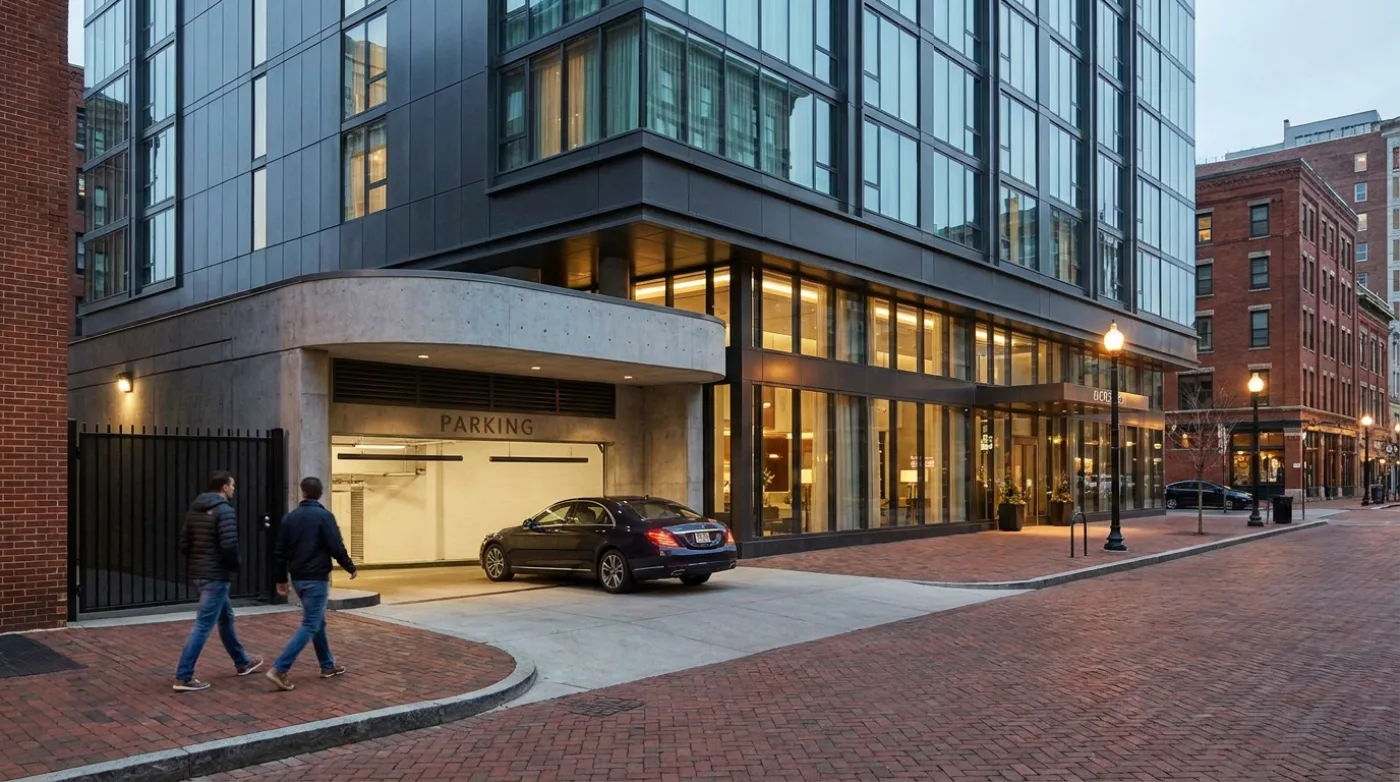 Urban hotel parking entrance at dusk with a car pulling in off a cobblestone street