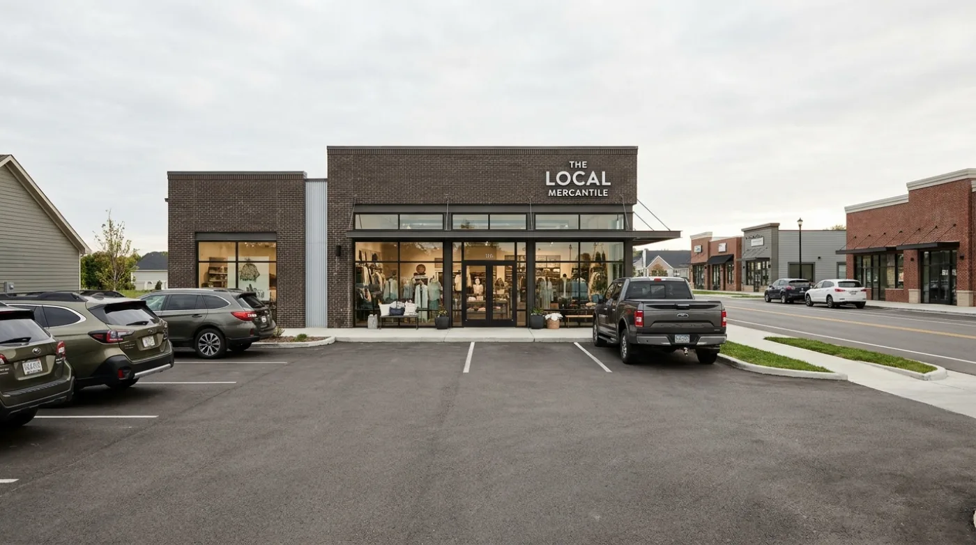 Small town retail strip with a surface parking lot in front
