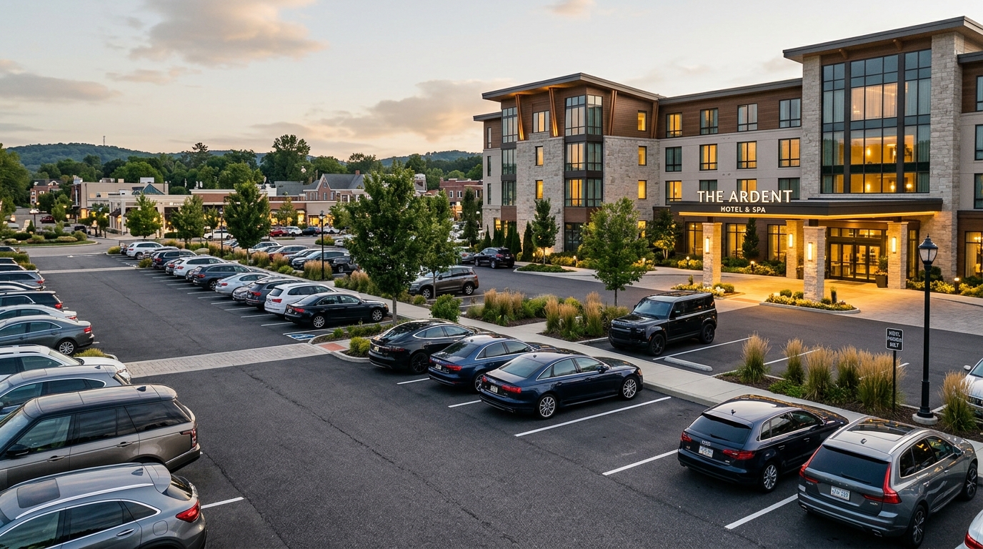 A full hotel parking lot at dusk representing the operating cost of a parking management system