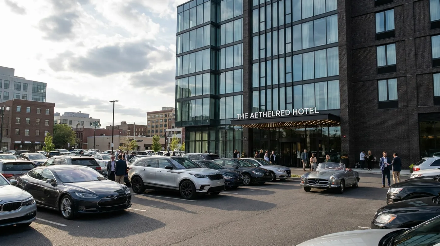 A full hotel parking lot at dusk representing the total cost of parking management software