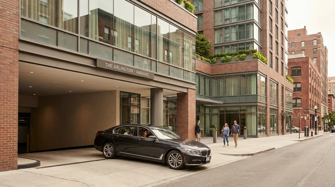 Guests arriving at a hotel parking entrance on a city street
