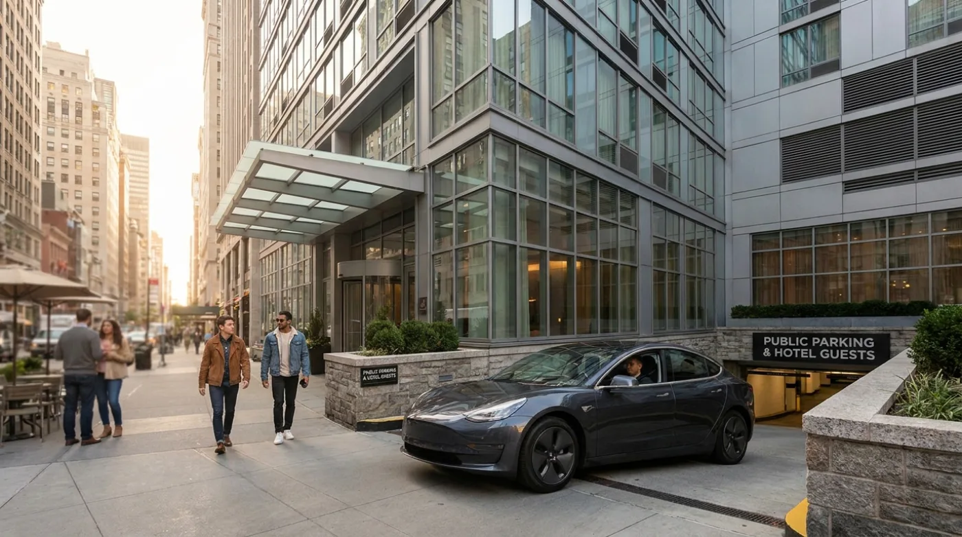 Car at a hotel parking entrance where license plate recognition cameras read plates