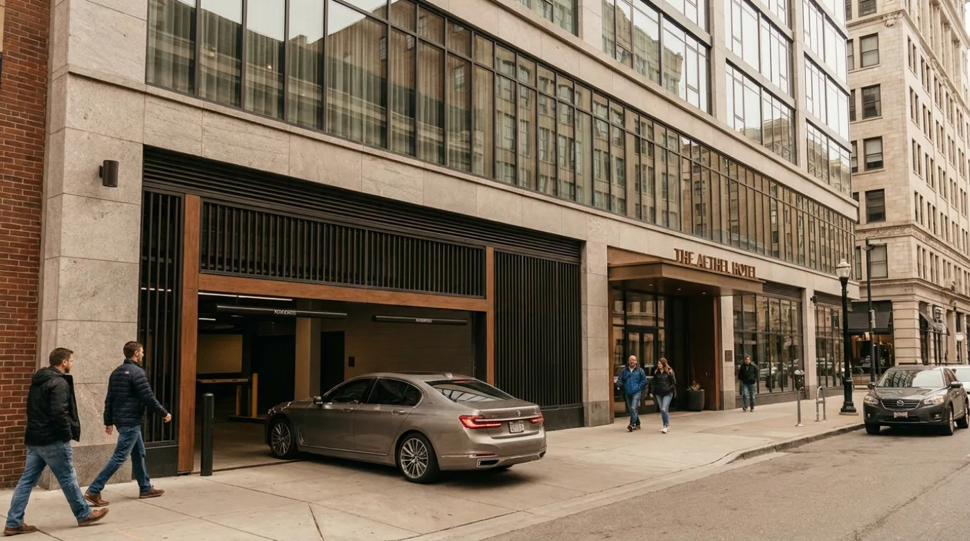 A car entering a gated hotel parking garage, contrasted with open gateless surface parking