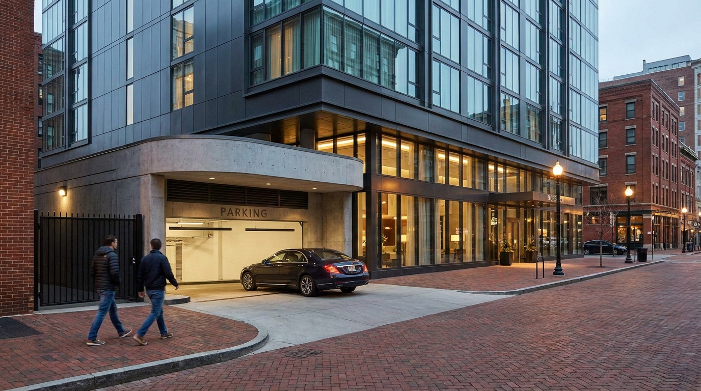Hotel parking garage entrance with a barrier gate and signage off a city street