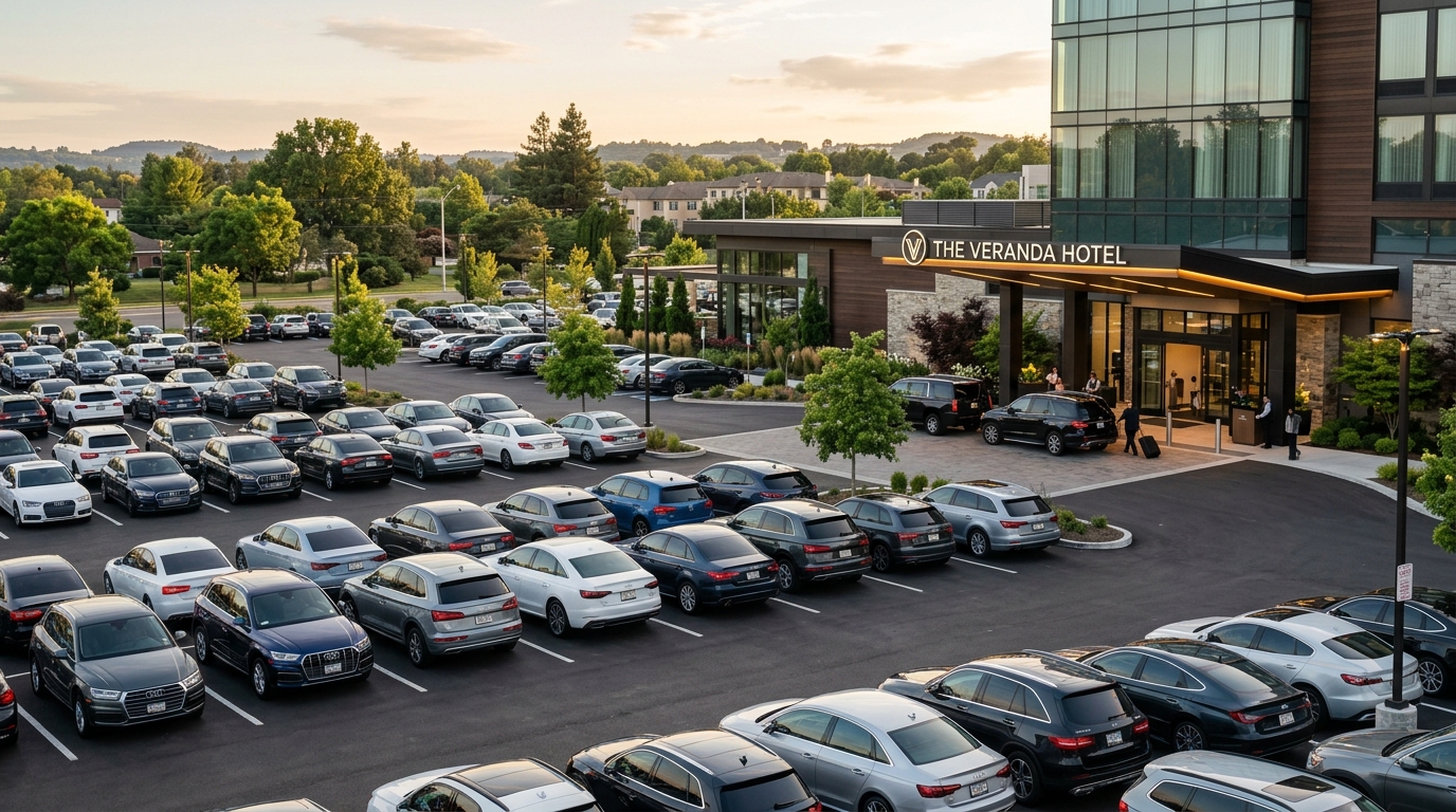 Guests being greeted at a hotel entrance with a contactless parking lot in front