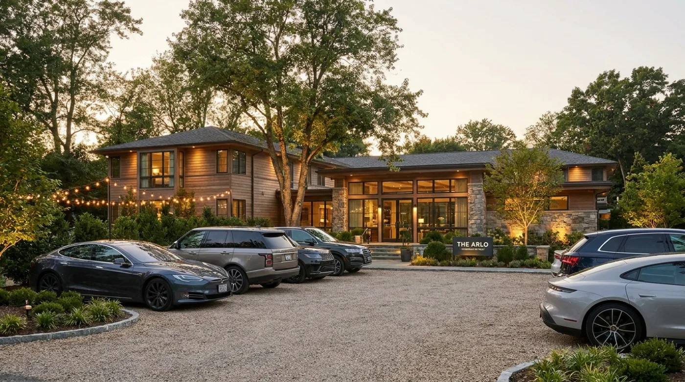 Boutique hotel retreat with cars parked on a gravel lot at golden hour