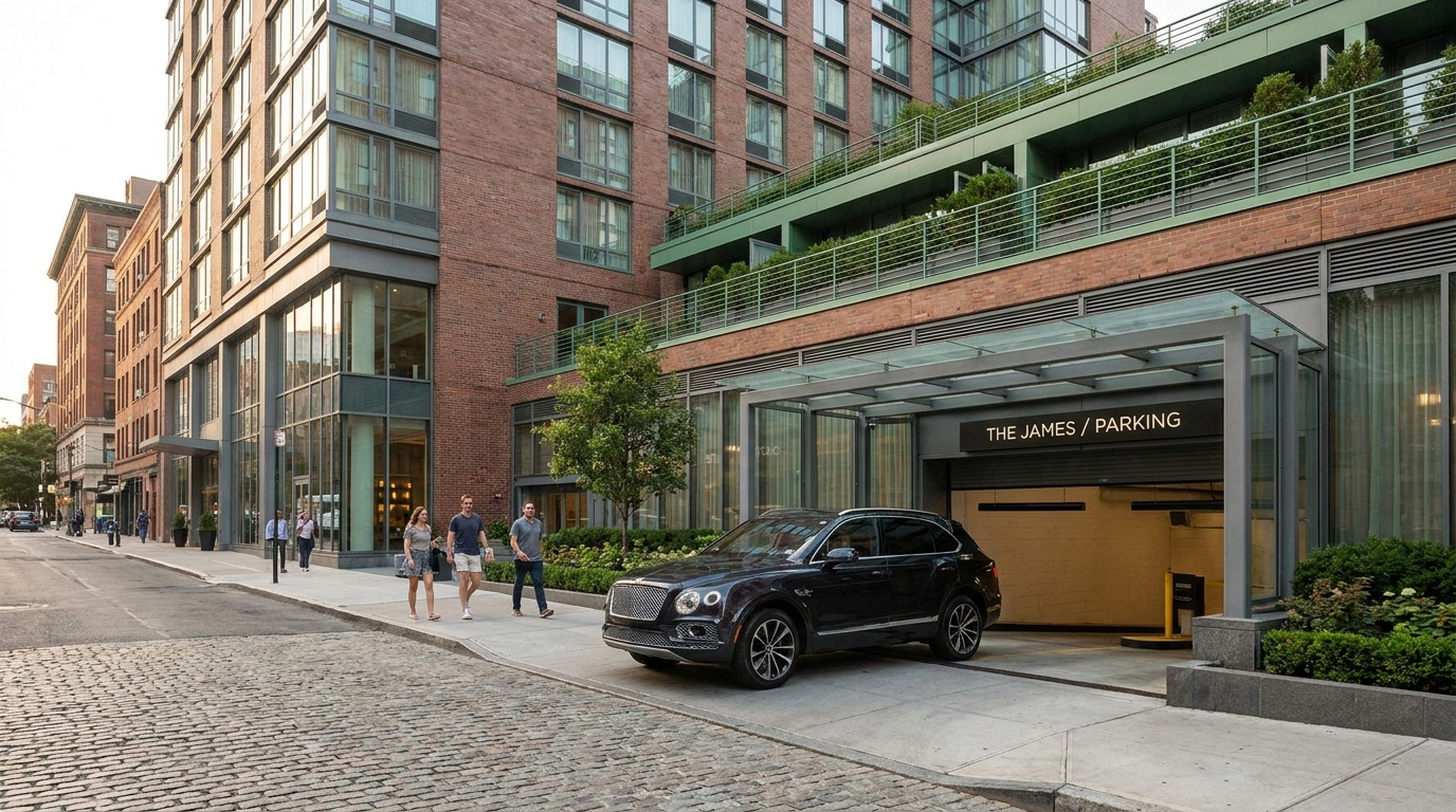 Hotel guest arriving by car at a contactless parking entrance at dusk