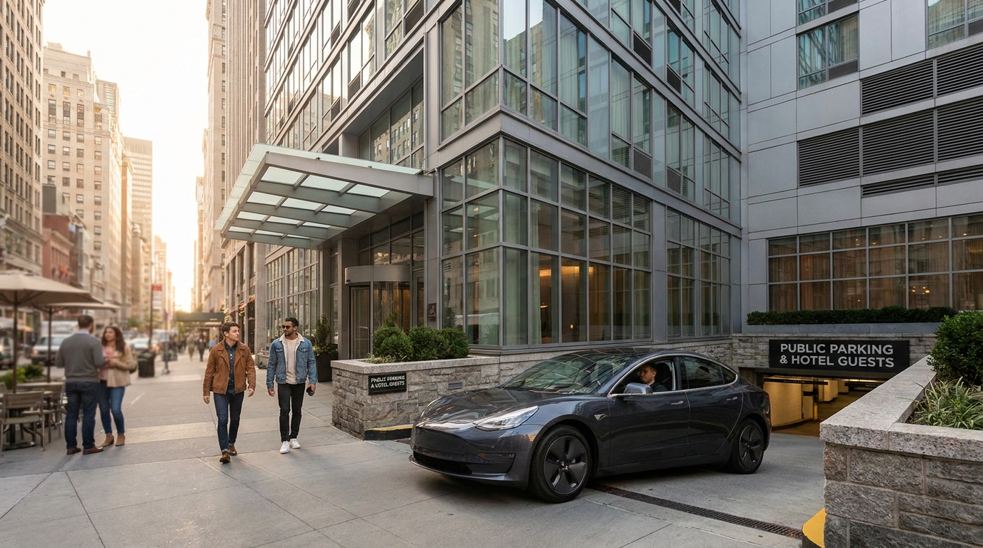 Car at a hotel parking entrance where license plate recognition cameras read plates